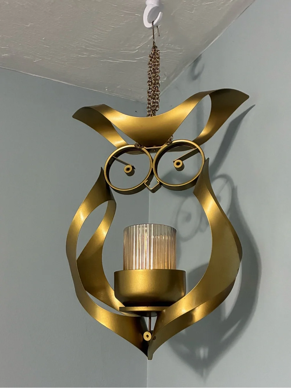 Rare vintage MCM gold Owl Hanging Lantern - Decorative Metal Accent